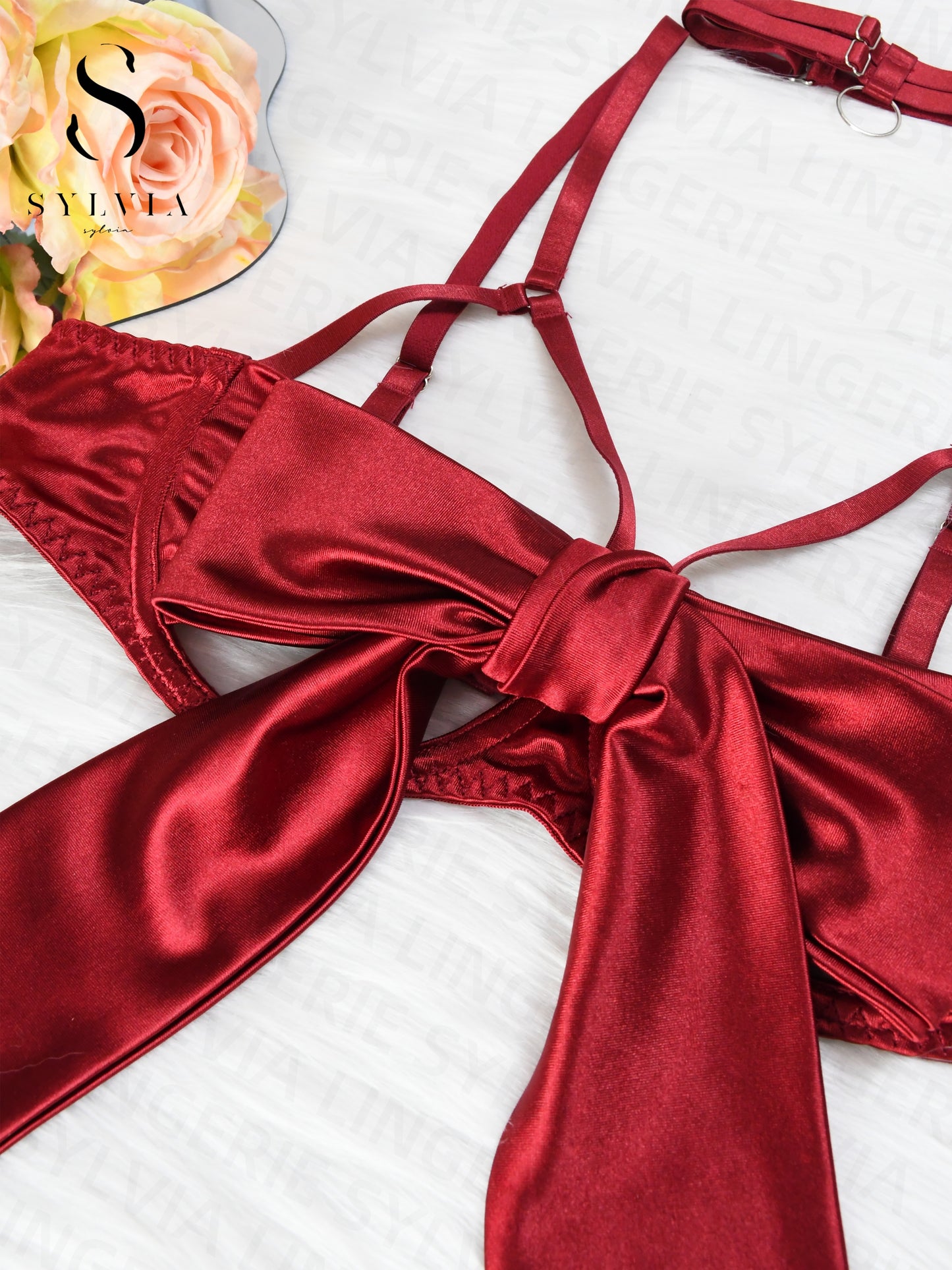 Women's 6pcs Sexy Silk Bow FrontPush Up Bra Lingerie Sets